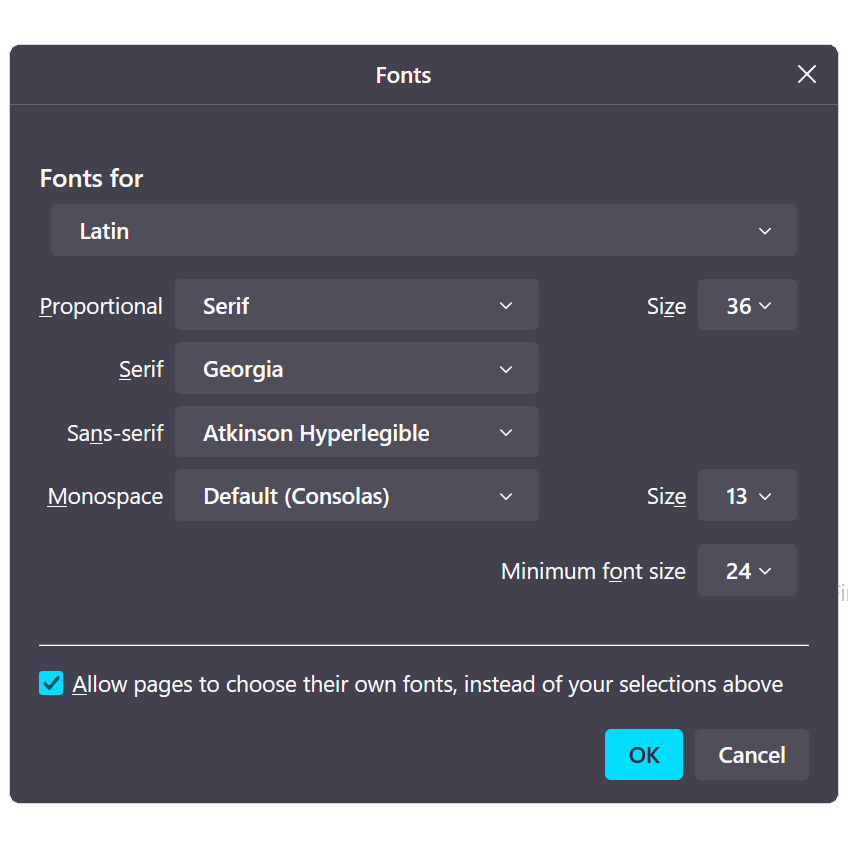 Firefox advanced font settings dialog with the size set to 36, minimum to 24, serif font as Georgia, sans-serif as Atkinson Hyperlegible, but still allowing pages to override the fonts.