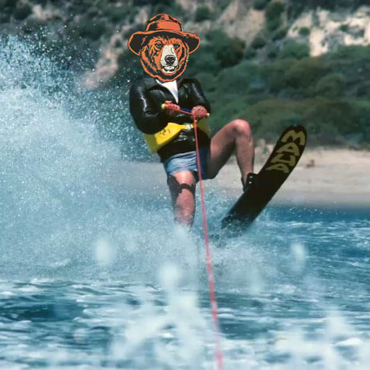 A man in a leather jacket and board shorts on water skis, one leg in the air as he skims the water surface; his head has been replaced by a bear’s illustrated head.
